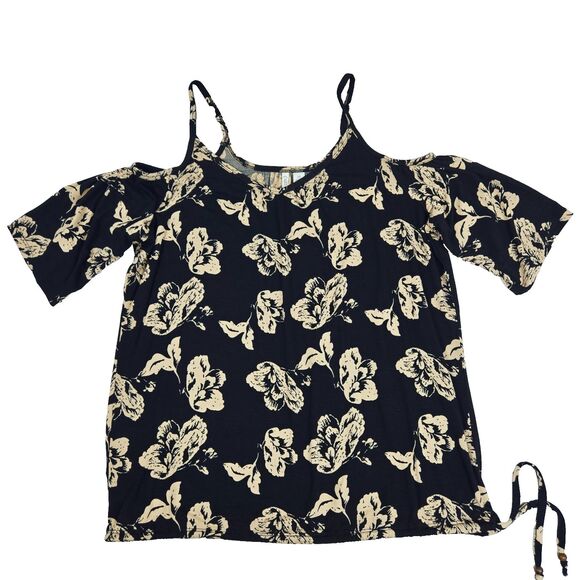 Cato Cold Shoulder Black with Tan Flowers & Tie at Bottom - Soft | Size M - Picture 1 of 9